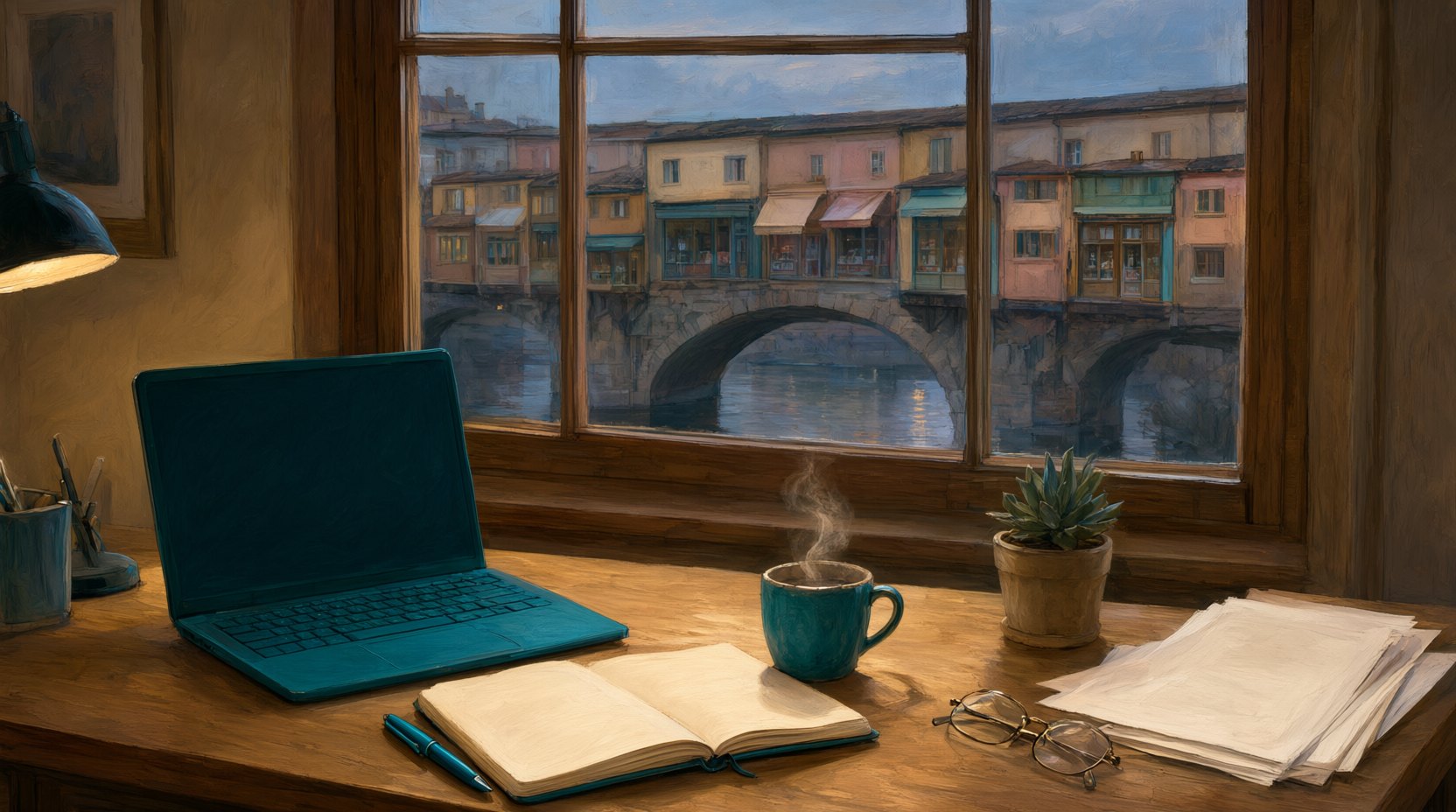 An empty editorial desk with a notebook, laptop and coffee, Old Bridge storefronts visible through the window behind