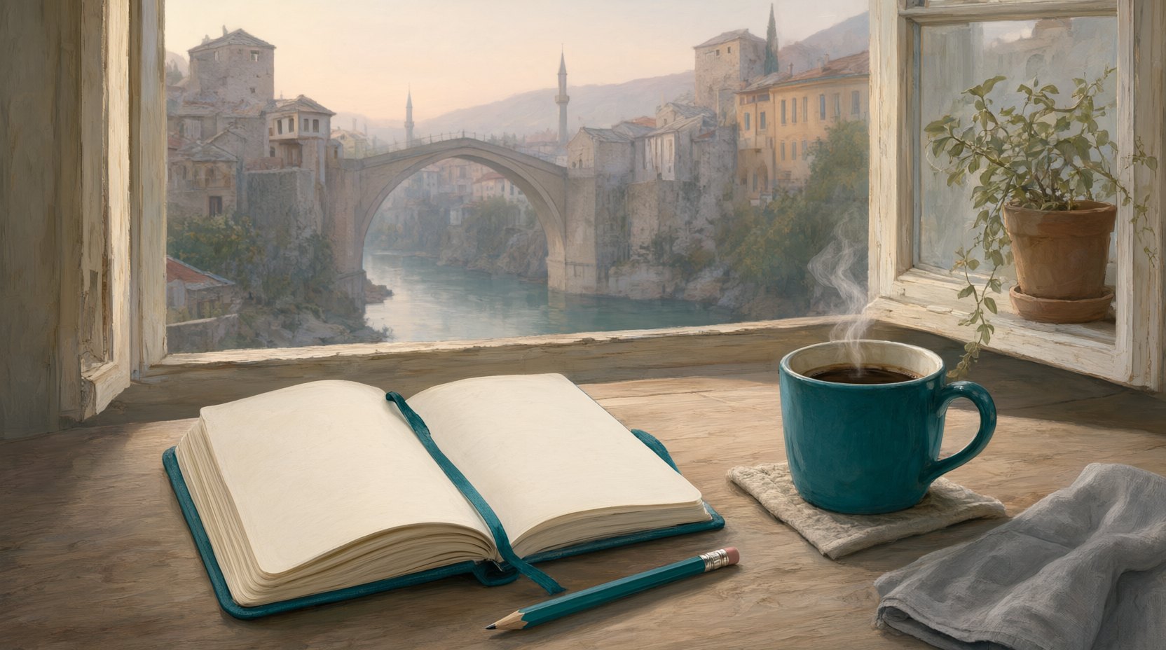 An open notebook and pencil beside a coffee mug on a wooden table by a window in Old Bridge