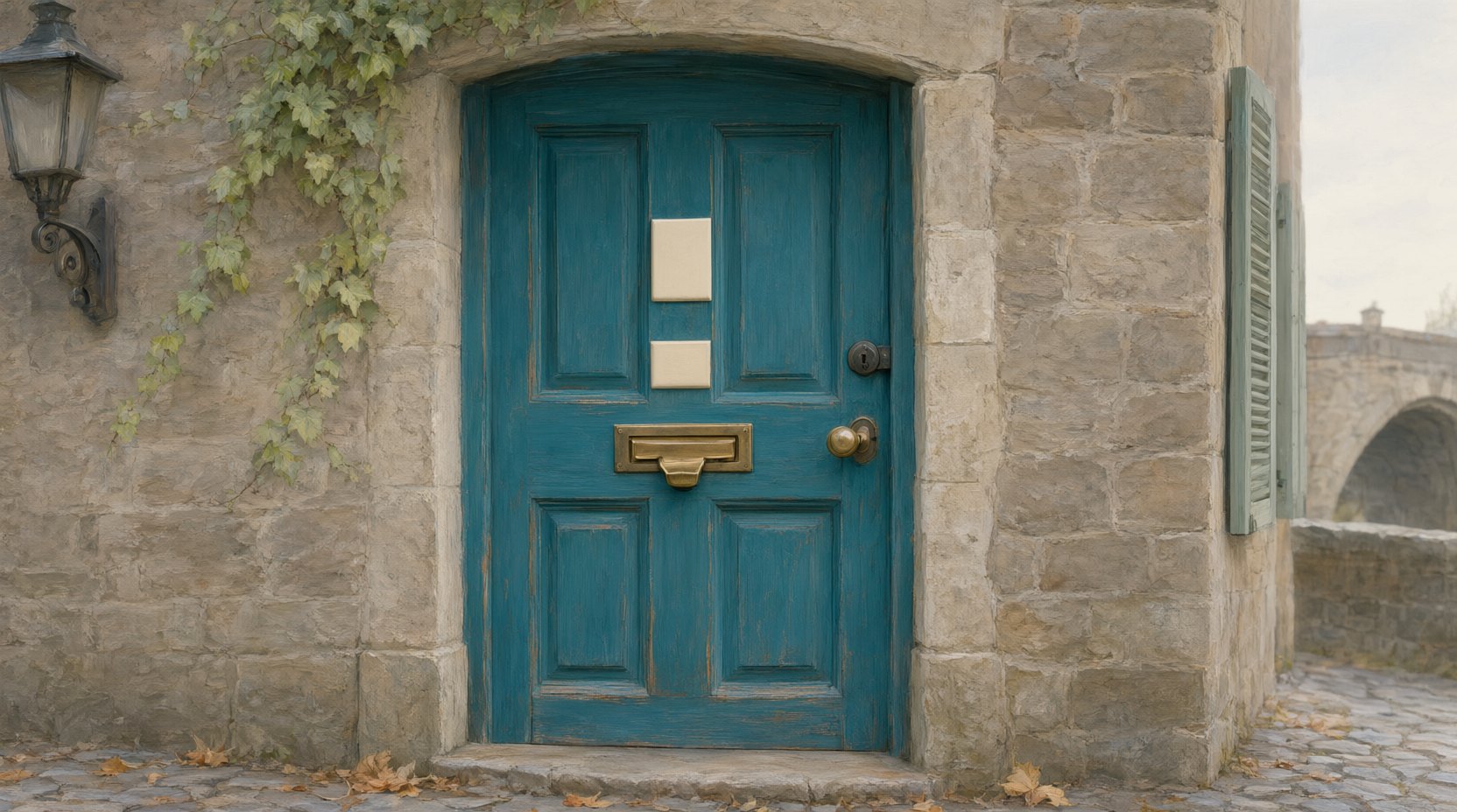 A painted wooden front door in Old Bridge with a brass letter slot and house number plate