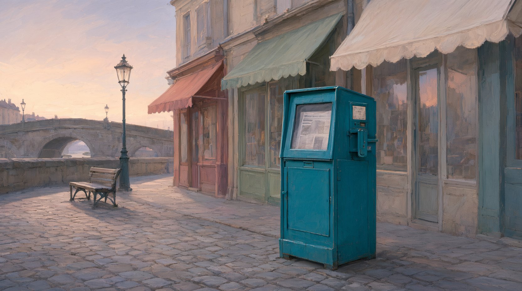 A steel newspaper box on a sidewalk in Old Bridge at first light, shop awnings behind