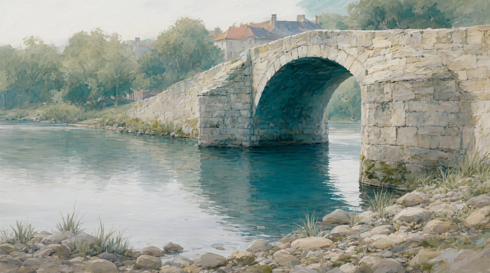 Illustrated close view of the shoreline at the edge of Old Bridge, trees and low rooftops behind