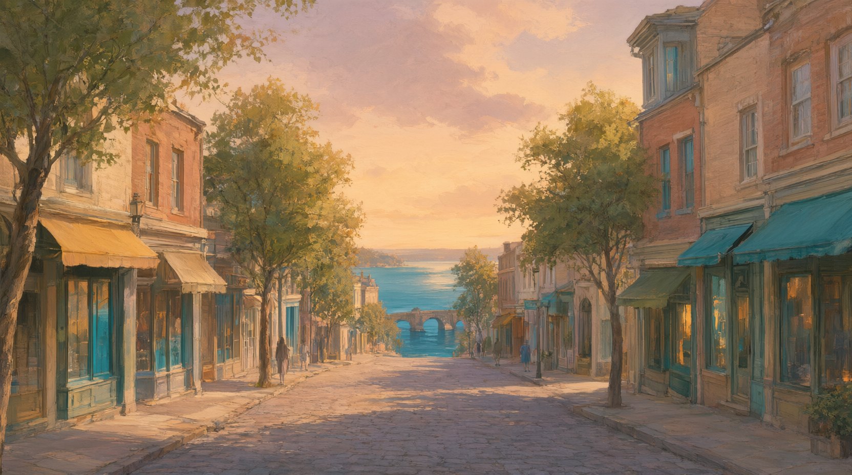 Wide illustrated view of Old Bridge's main street at golden hour, low storefronts and street trees, the water in the distance