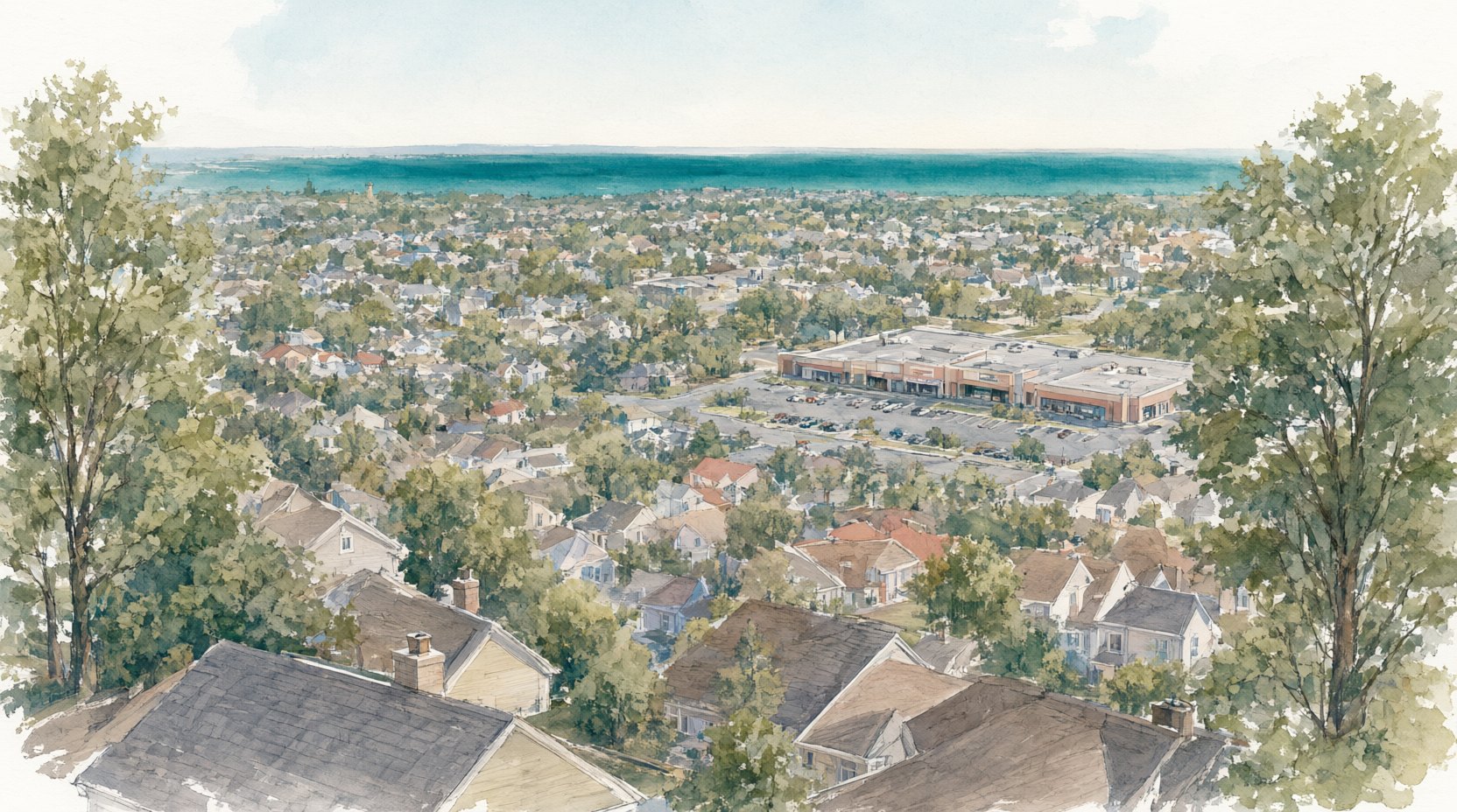 An elevated illustrated view over Old Bridge's rooftops and tree-lined streets toward the water